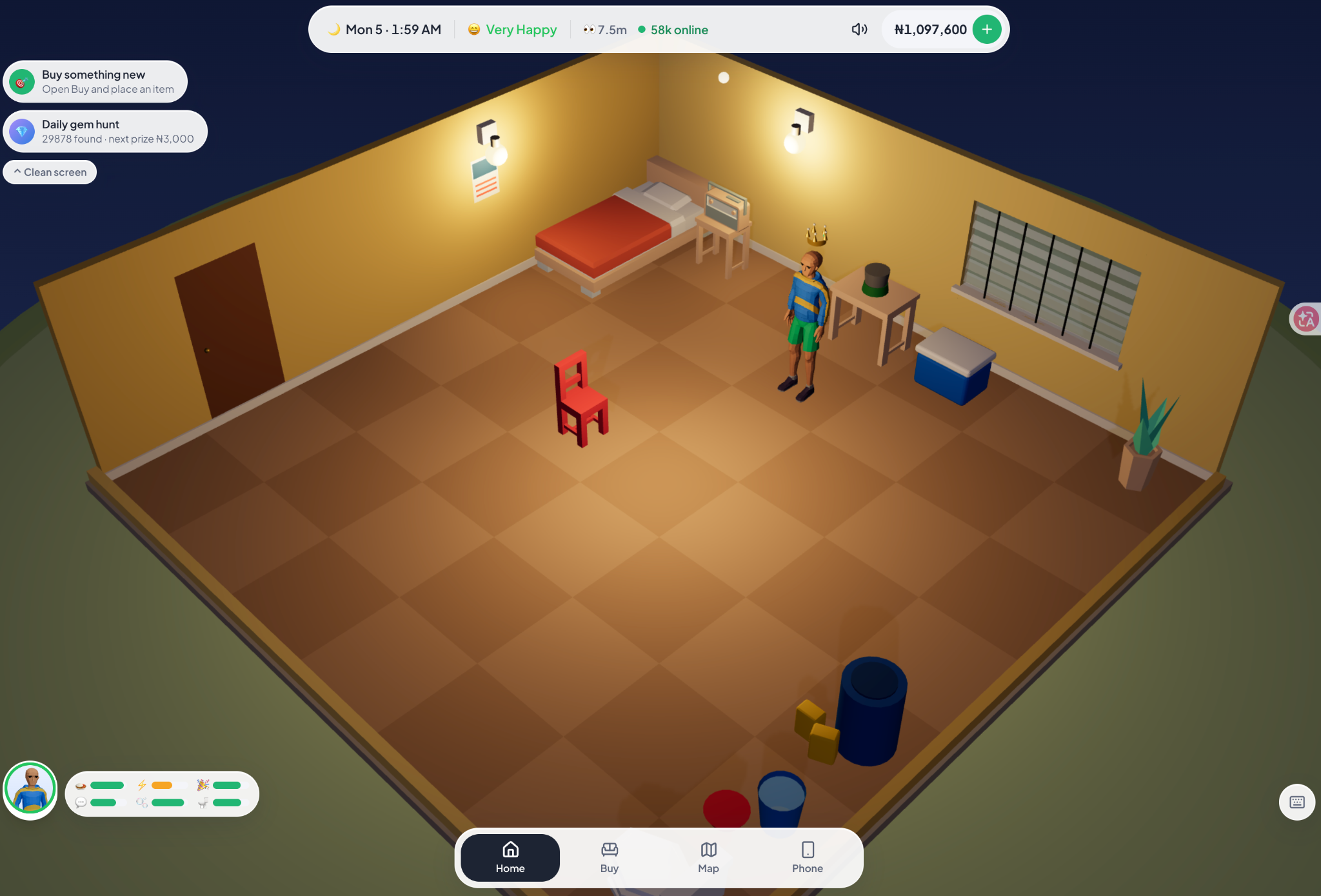 Inside a Lagos Life starter room, with the money and needs readouts on screen