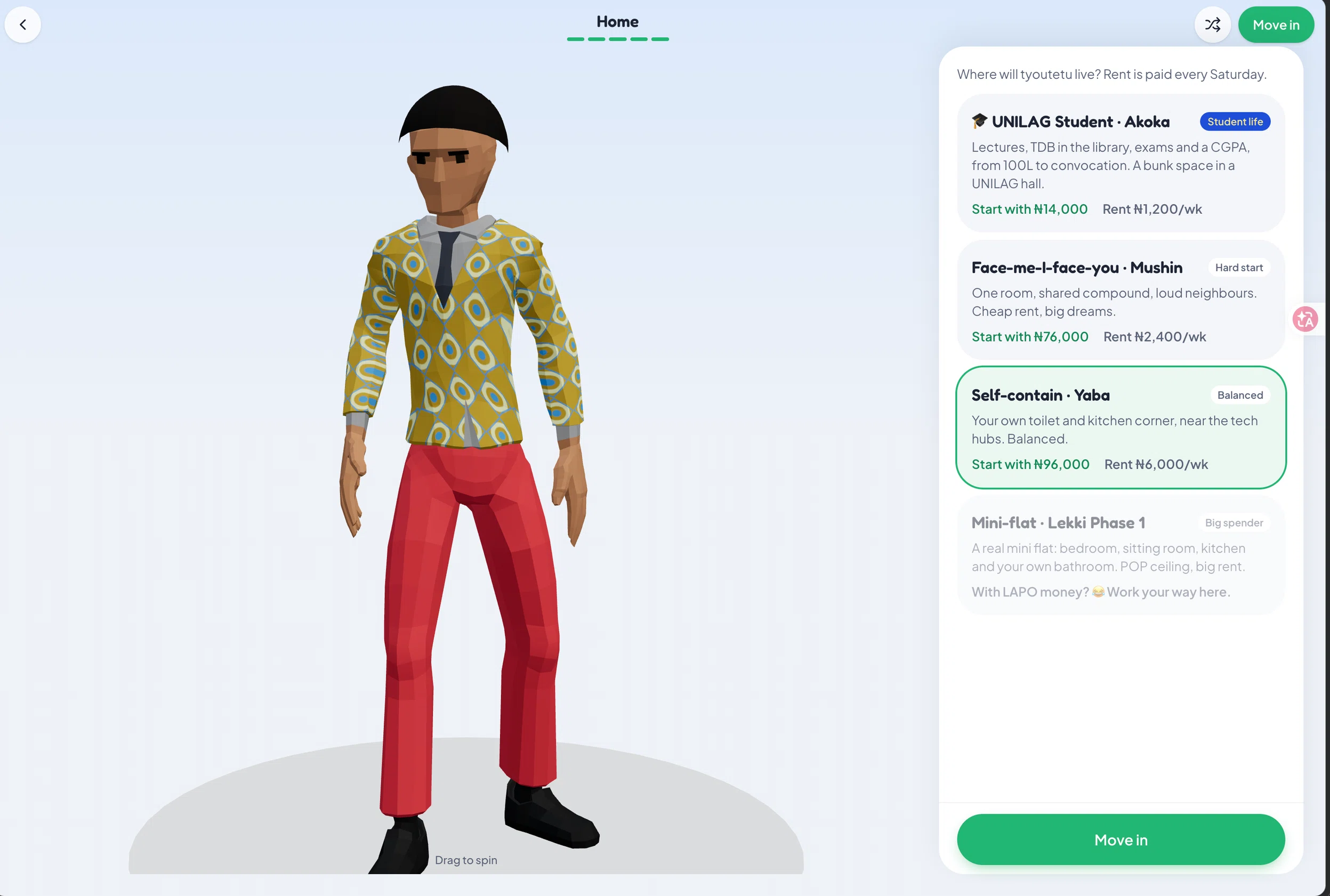 Lagos Life home choice screen listing four homes with starting cash and weekly rent