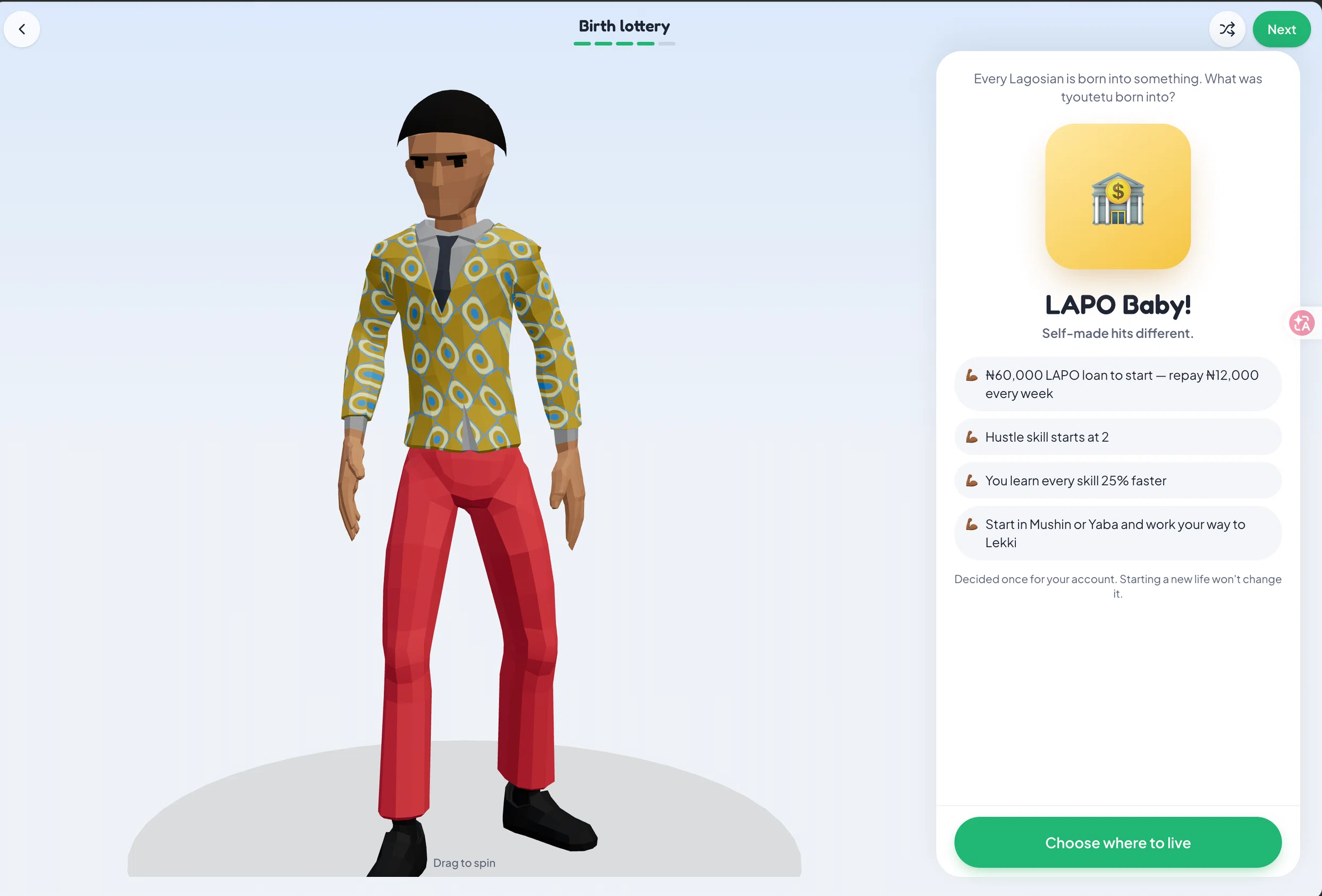 Lagos Life birth lottery screen showing LAPO Baby, a ₦60,000 loan and 25% faster skill learning