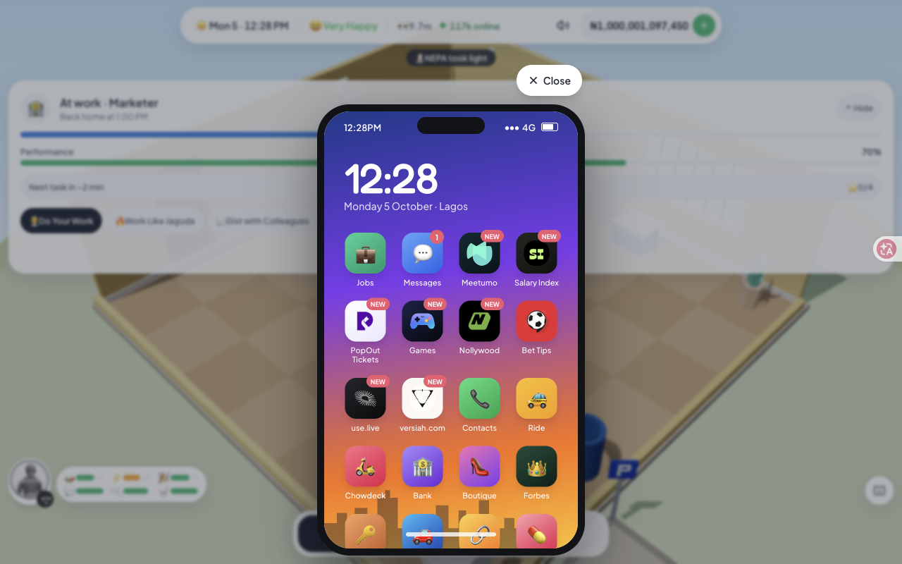 The Lagos Life phone home screen, with the Jobs icon in the first row