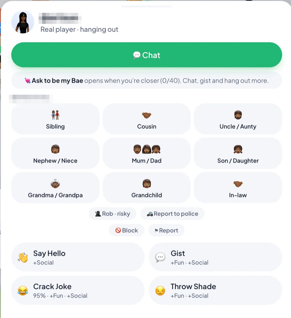 A Lagos Life player card showing Chat, the Ask to be my Bae progress, family labels and the social moves